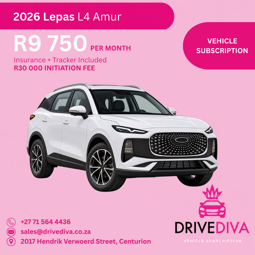 Lepas L4 Amur, R9,750 per month with insurance and tracker included, R30,000 initiation fee. Gauteng only.