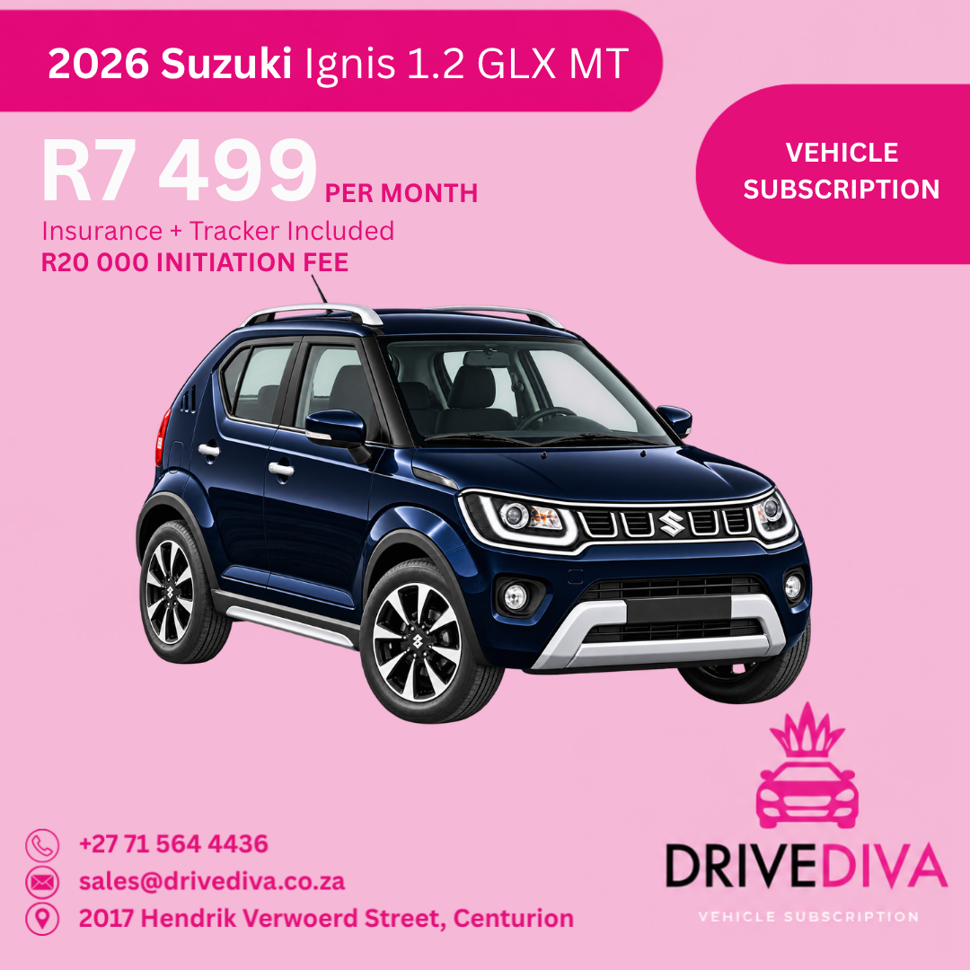 Suzuki Ignis 1.2 GLX MT, R7,499 per month with insurance and tracker included, R20,000 initiation fee. Gauteng only.