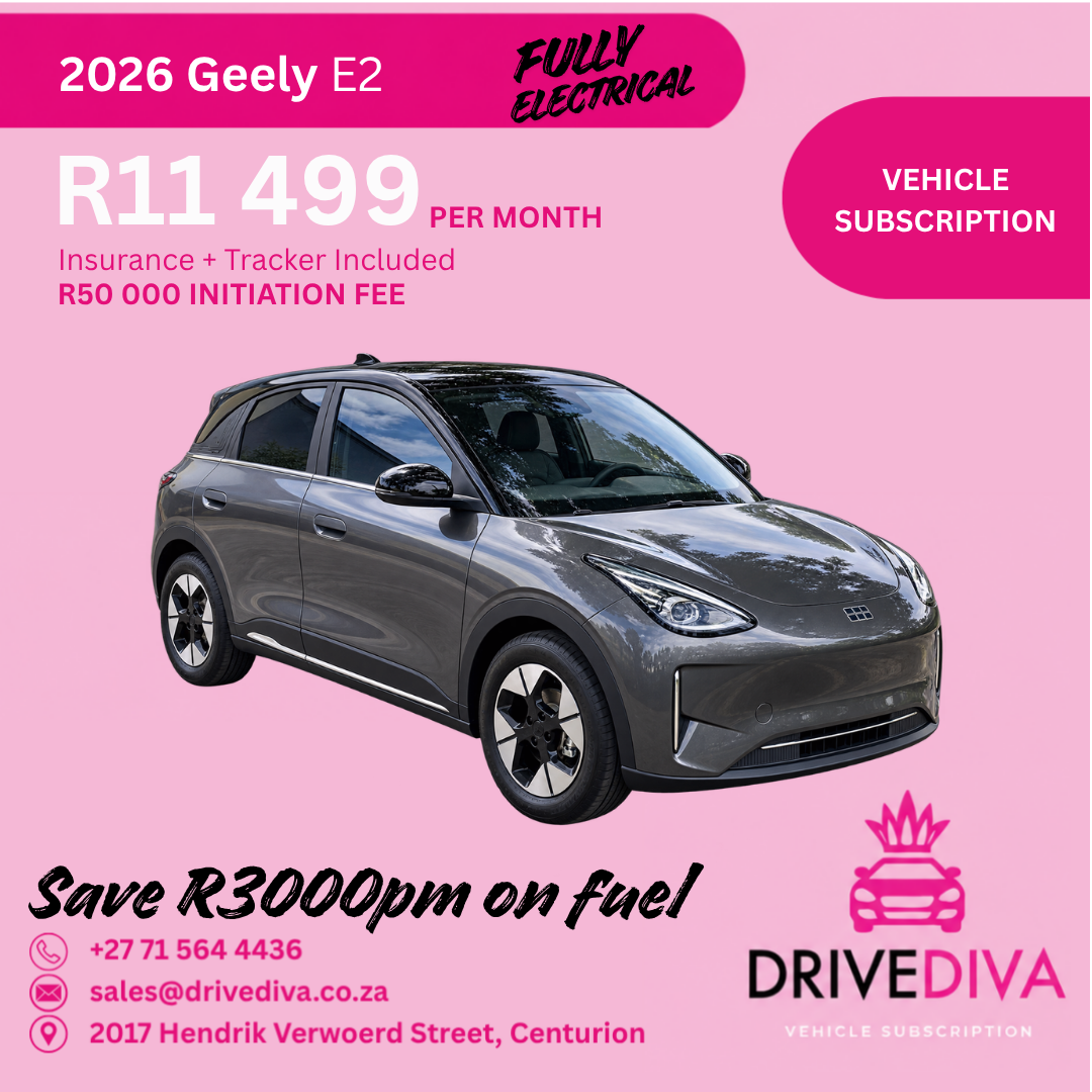 Geely E2, R11,499 per month with insurance and tracker included, R50,000 initiation fee. Our most popular car. Gauteng only.