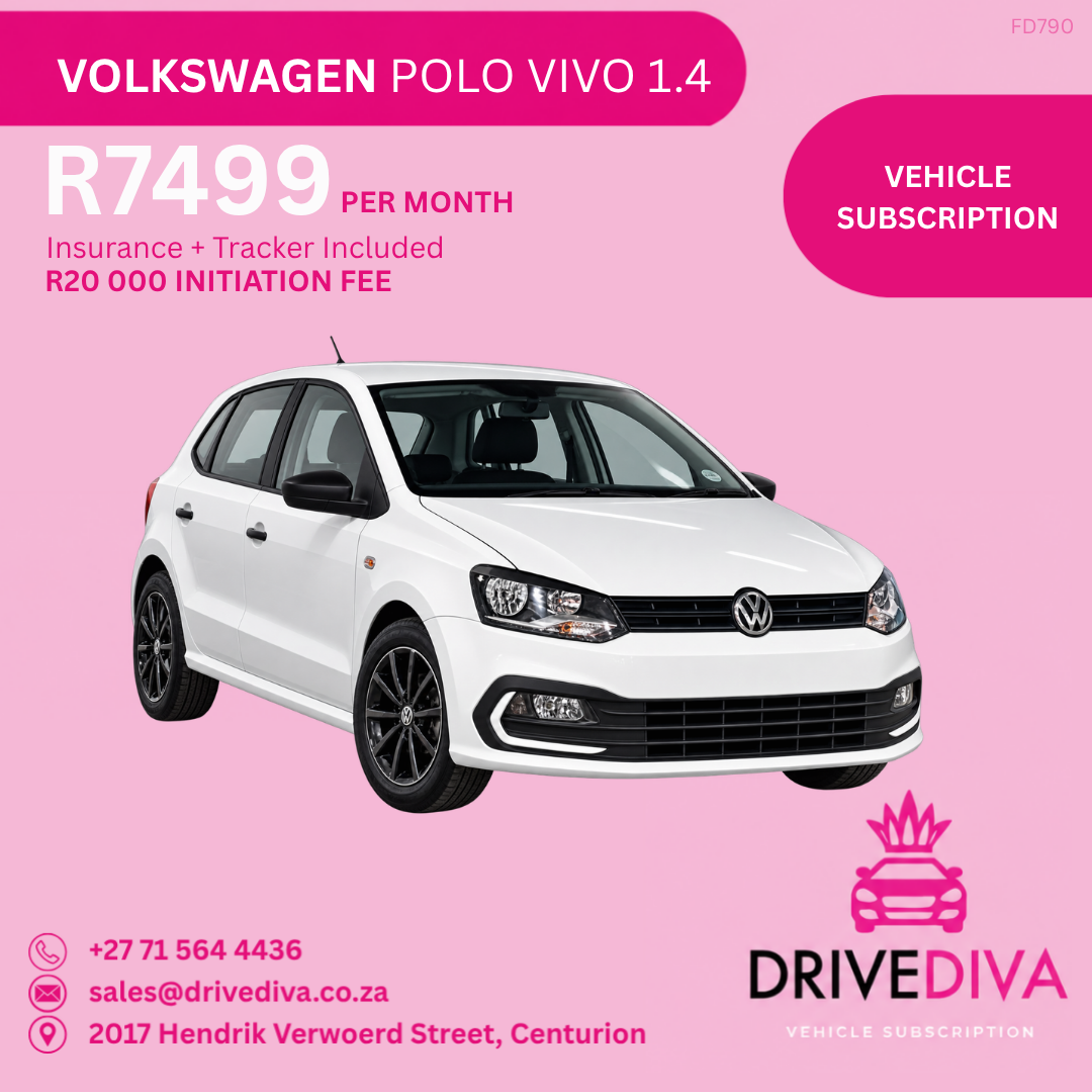 Volkswagen Polo Vivo 1.4, R7,499 per month with insurance and tracker included, R20,000 initiation fee. Gauteng only.