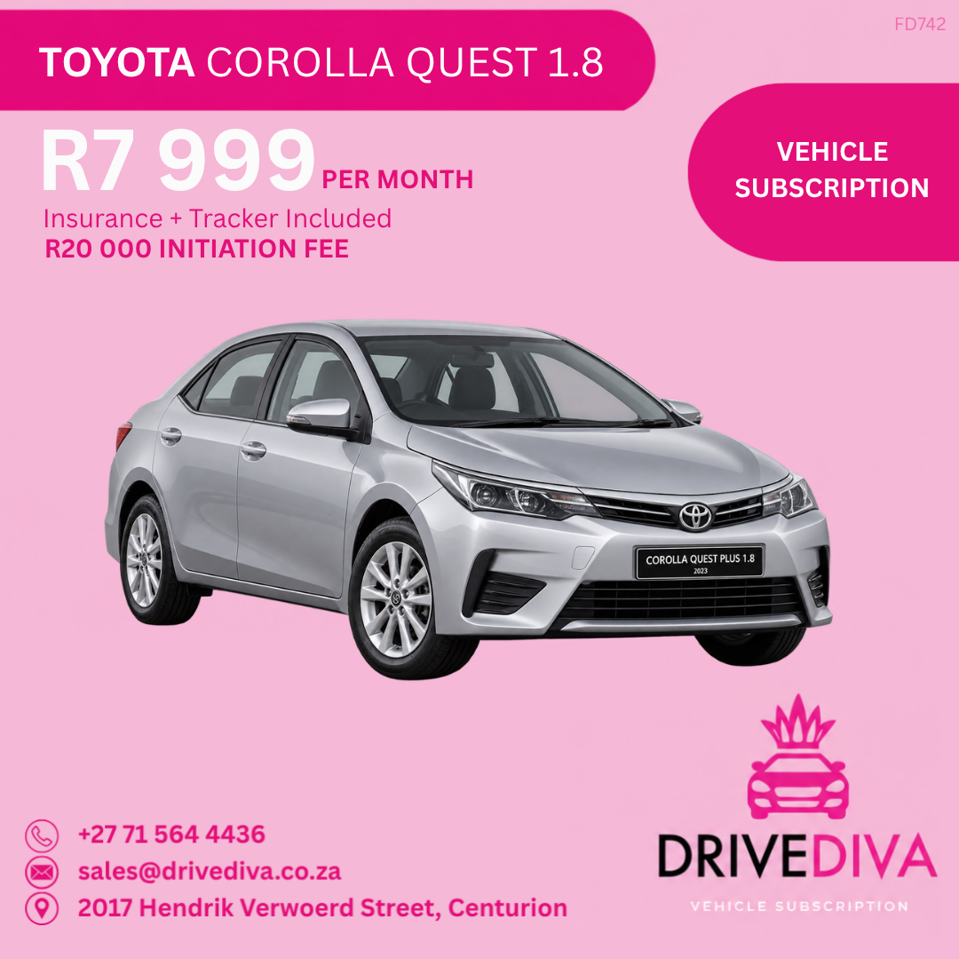 Toyota Corolla Quest 1.8, R7,999 per month with insurance and tracker included, R20,000 initiation fee. Gauteng only.