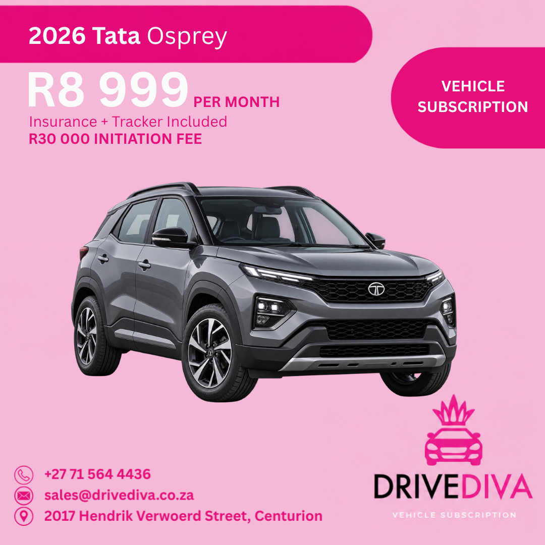 Tata Osprey, R8,999 per month with insurance and tracker included, R30,000 initiation fee. Gauteng only.