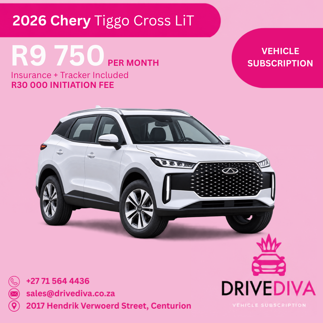 Chery Tiggo Cross LiT, R9,750 per month with insurance and tracker included, R30,000 initiation fee. Gauteng only.