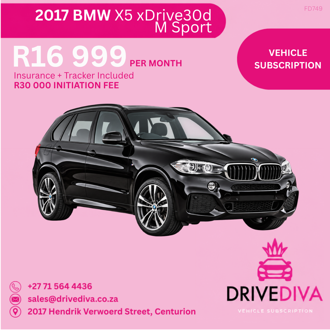BWM X5 xDrive30d M Sport, R16,999 per month with insurance and tracker included, R30,000 initiation fee. Gauteng only.