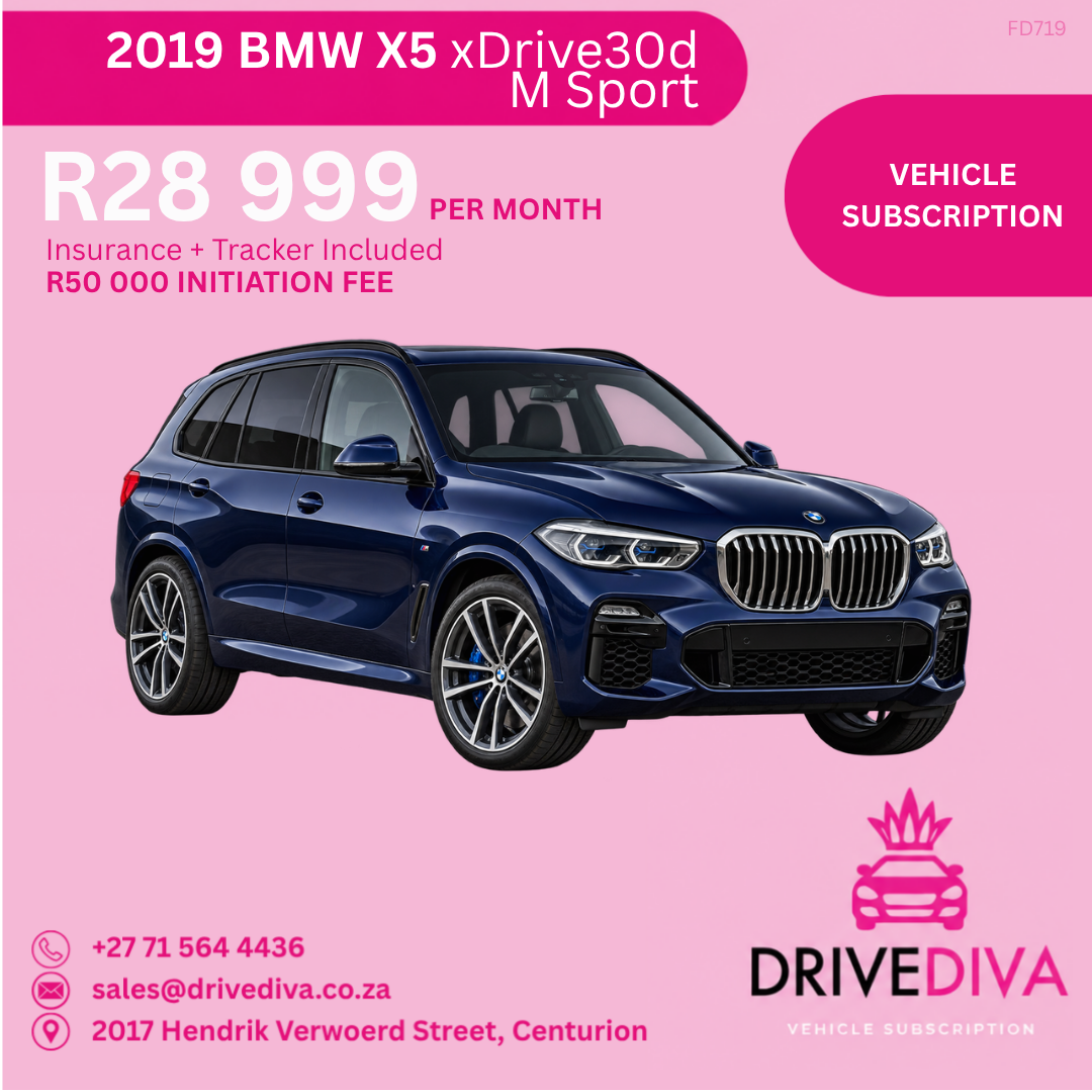 BMW X5 xDrive30d M Sport, R28,999 per month with insurance and tracker included, R50,000 initiation fee. Gauteng only.