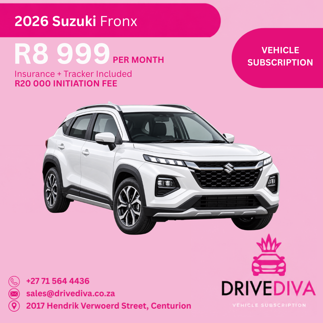 Suzuki Fronx, R8,999 per month with insurance and tracker included, R20,000 initiation fee. Gauteng only.