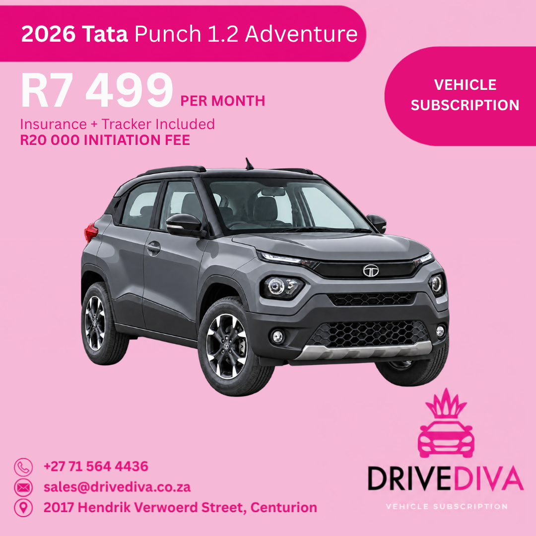 Tata Punch 1.2 Adventure, R7,499 per month with insurance and tracker included, R20,000 initiation fee. Gauteng only.