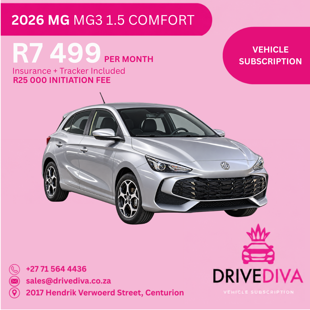 MG MG3 1.5 Comfort, R7,499 per month with insurance and tracker included, R25,000 initiation fee. Gauteng only.